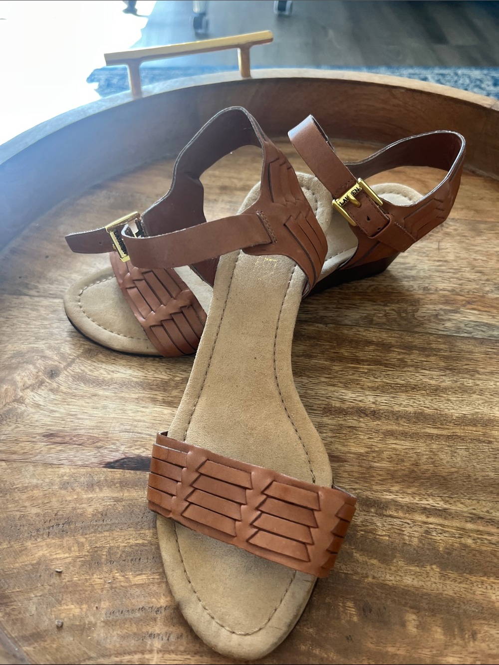 Women's Ralph Lauren Brown Leather Woven Strap Sandals - Casual Comfort
